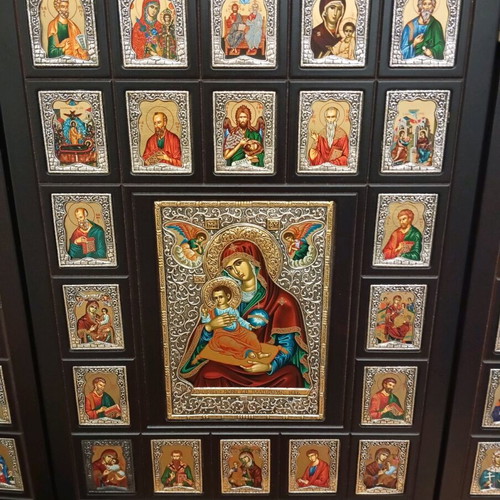 Wood Carved Triptych Icon with 925° Silver like new