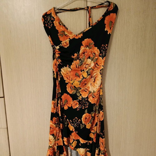Dress black with orange flowers used, elastic, Spanish style hem