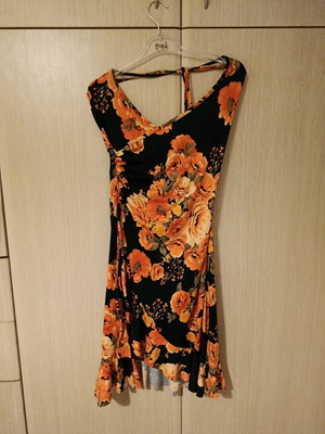Dress black with orange flowers used, elastic, Spanish style hem