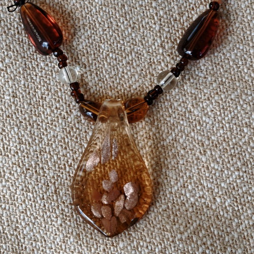 Boho handmade necklace used with glass pendant brown orange