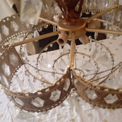 Vintage ceiling lights pair used, brass frame with glass crystals