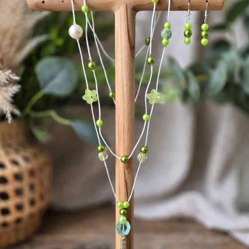 Green Multi Strand Beaded Necklace and Earrings New