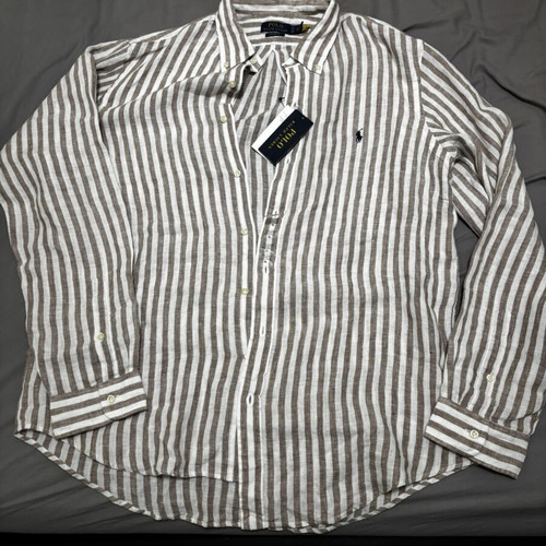 Polo Ralph Lauren Custom Fit Striped Linen Shirt, white and beige