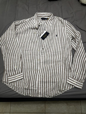 Polo Ralph Lauren Custom Fit Striped Linen Shirt, white and beige