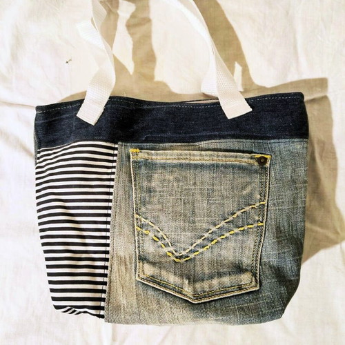 Handmade jean handbag new, white and blue