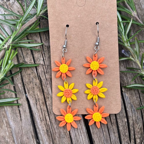 Flower earrings orange yellow new polymer clay and stainless steel