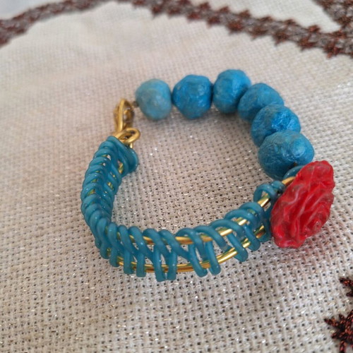 Blue papier-mâché bracelet with rose made to order