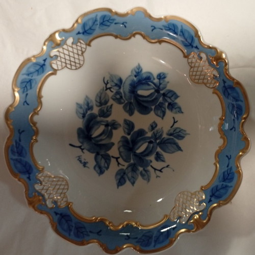 Wallendorf porcelain decorative bowl with blue roses and gold relief