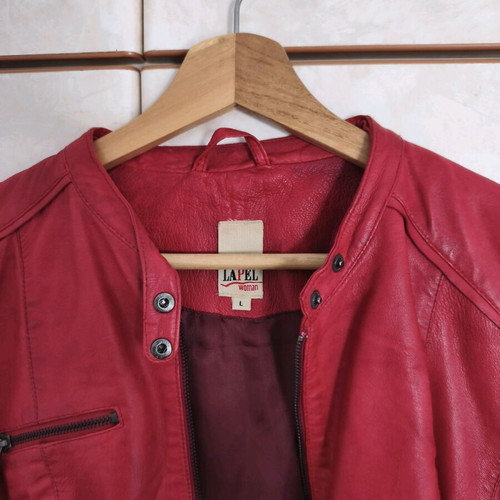 Lapel Red Leather Jacket L Size Slim Fit Like New