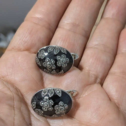 Vintage '80s Silver Earrings with Marcasite and Enamel like new