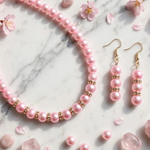 Handmade pink beaded necklace and earrings set new