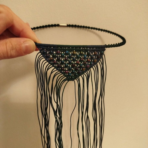 Macrame necklace new in blue and green tones with acrylic beads and fringes