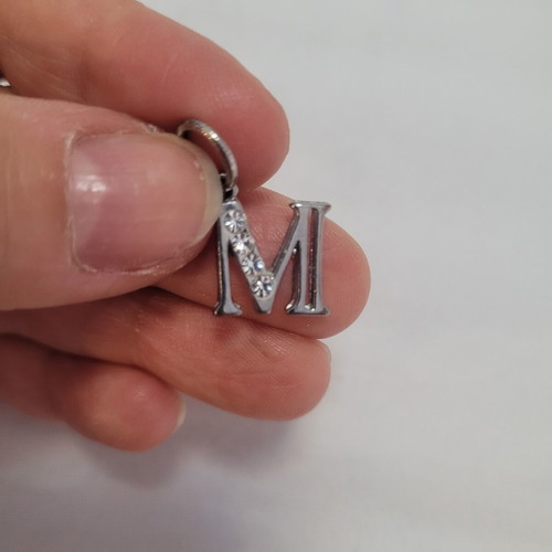 Silver letter "M" pendant with 4 rhinestones