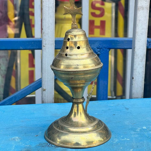 Old bronze table censer with cross, used, 19 cm