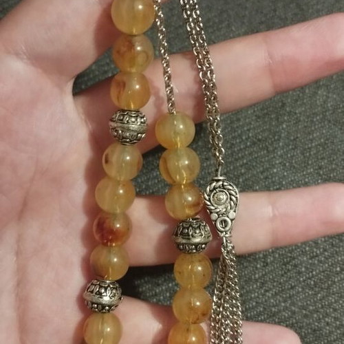 Handmade komboloi with amber-colored beads, gift included