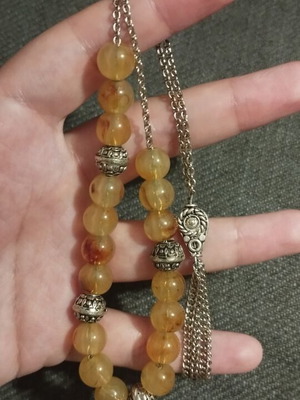 Handmade komboloi with amber-colored beads, gift included