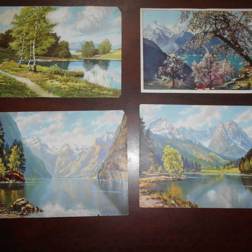 Chromolithograph postcards used, 4 pieces, 1958 and German