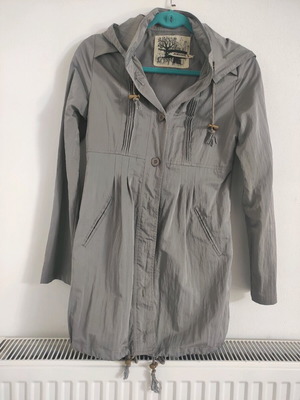 Trench coat like new with adjustable hood, gray and beige