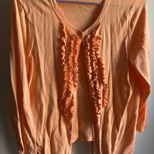 Talbots orange salmon cardigan M with front ruffles, like new