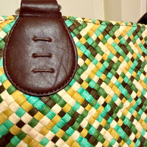Woven tote bag like new with leather handles multicolor