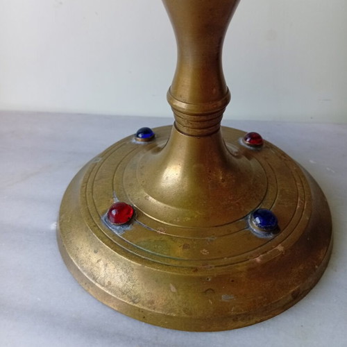 Brass candlestick with inlaid stones, 30.5 cm