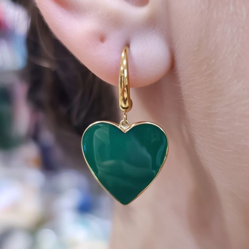 Steel earrings with green heart and luxury half hoop new
