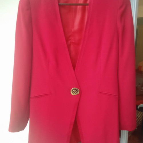 Women's vintage suit used, dress, jacket and belt, red crepe, small