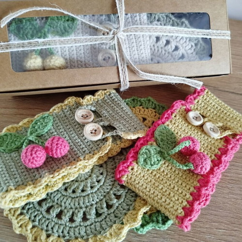Handmade mug set with cotton yarn cozy and coaster