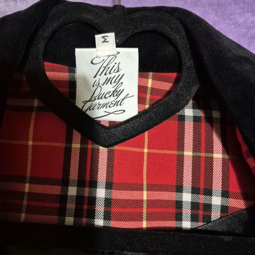 Manolo red plaid jacket with black velvet collar and pockets