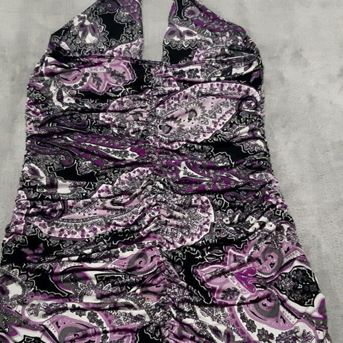 Cocktail dress draped, elastic, printed purple, medium/large, like new