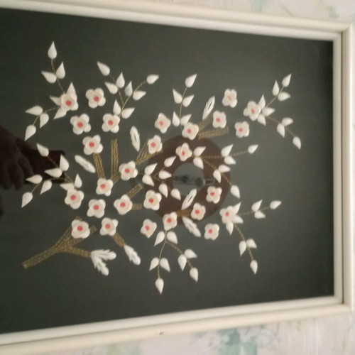 Framed textile painting hand-embroidered on black velvet like new