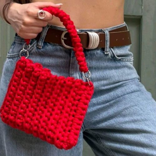 Handmade knitted bag with extra shoulder handle, red