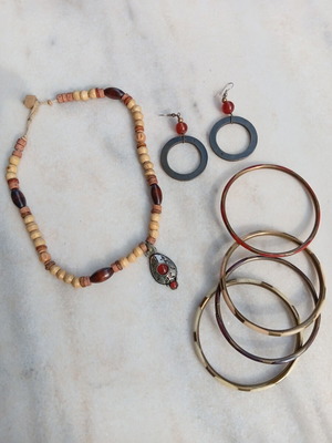 Ethnic boho jewelry set used, beige and brown