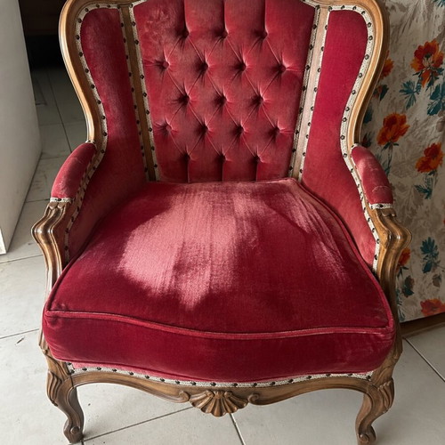 French Provincial Louis XV Style Living Room Suite 6-Piece Burgundy Velvet Like New