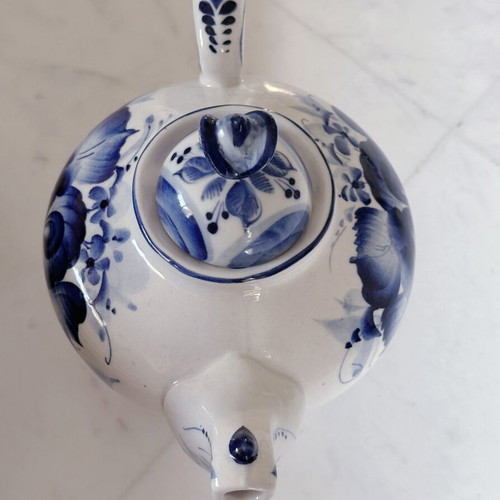 Gzhel porcelain handmade teapot coffee pot used 1990s