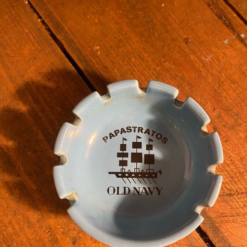 Papastratos Old Navy ceramic ashtray used, blue
