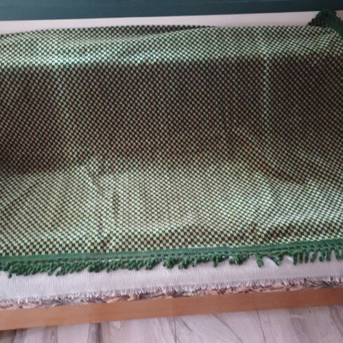 Vintage velvet green checkered tablecloth with fringes, new