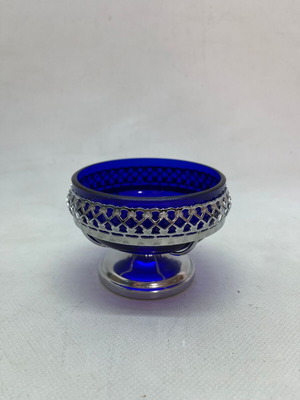Vintage blue serving bowl used with metal base 7x10