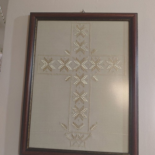Lefkadian Handmade Embroidery Cross with Frame, New, Silk Thread