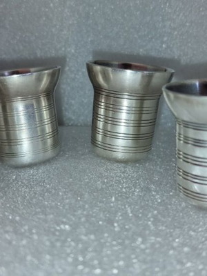 Old collectible shot glasses used, copper with silver enamel
