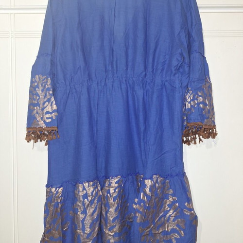 Blue dress with brown tassels like new, cotton, bronze prints