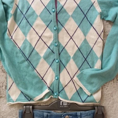 Set of 3 pieces denim skirt Mothercare, denim jacket Orchestra and thin knitted cardigan logg like new