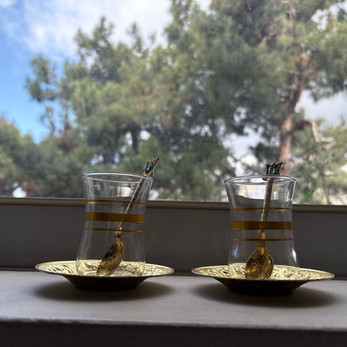 Turkish metal tea set in gold tone like new
