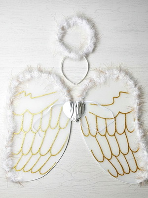 Angel Set with Halo Headband and Large White Wings with Gold Details 49cm