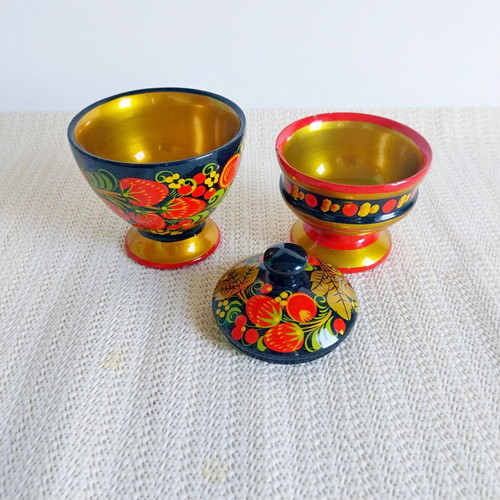 Vintage Russian Khokhloma wooden set like new, bowl and lidded box