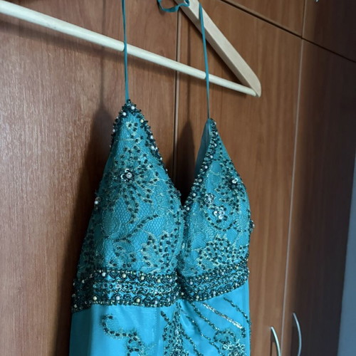 Charly evening dress like new, 100% silk turquoise with bead embroidery