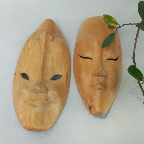 Handmade wooden Happy-Sad theatrical masks set like new