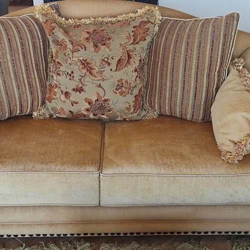 Classic sofa set used, three-seater and two-seater, beech wood with Dutch fabric