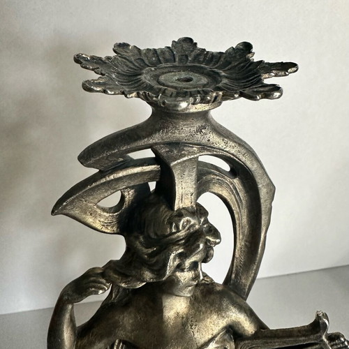Antique Art Nouveau Metal Candlestick with Female Muse and Lyre used
