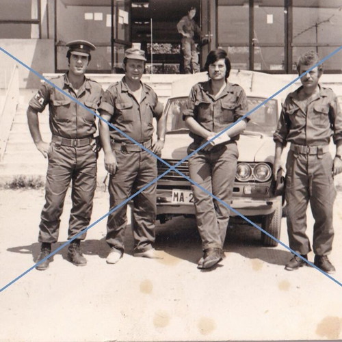 Black and white photo used, uniformed men with car 7.5x10.5 cm
